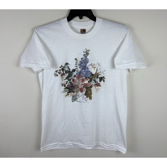 Vintage 90s 1998 Flower / Bird Graphic T - Shirt / White / Size Medium - Picture 1 of 5